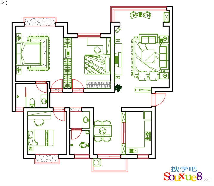 AutoCAD2015中文版住宅套房室内布置图之布置次卧室和卫生间平面图教程